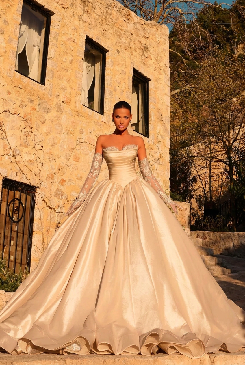 Champagne sweetheart ruffled ball gown wedding dress