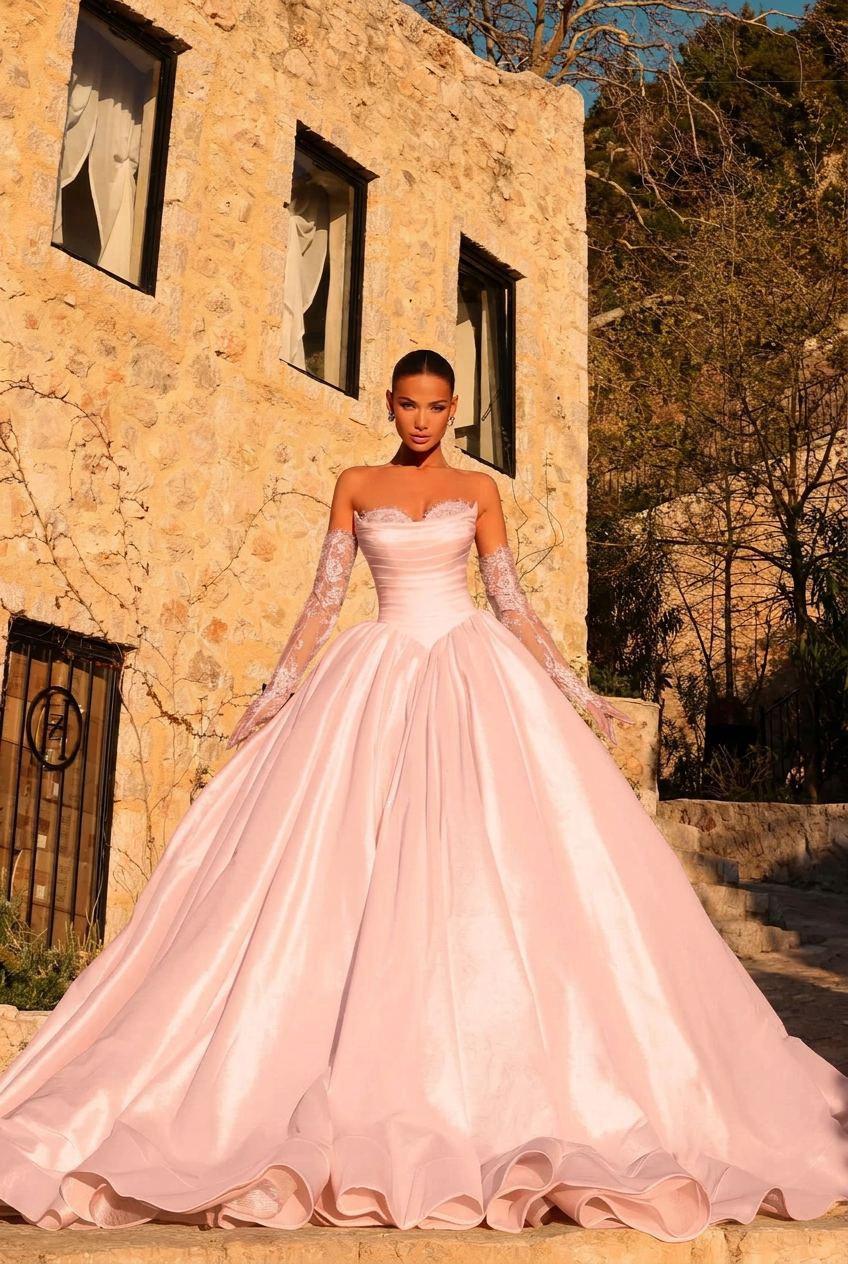 Blushing pink sweetheart ruffled ball gown wedding dress