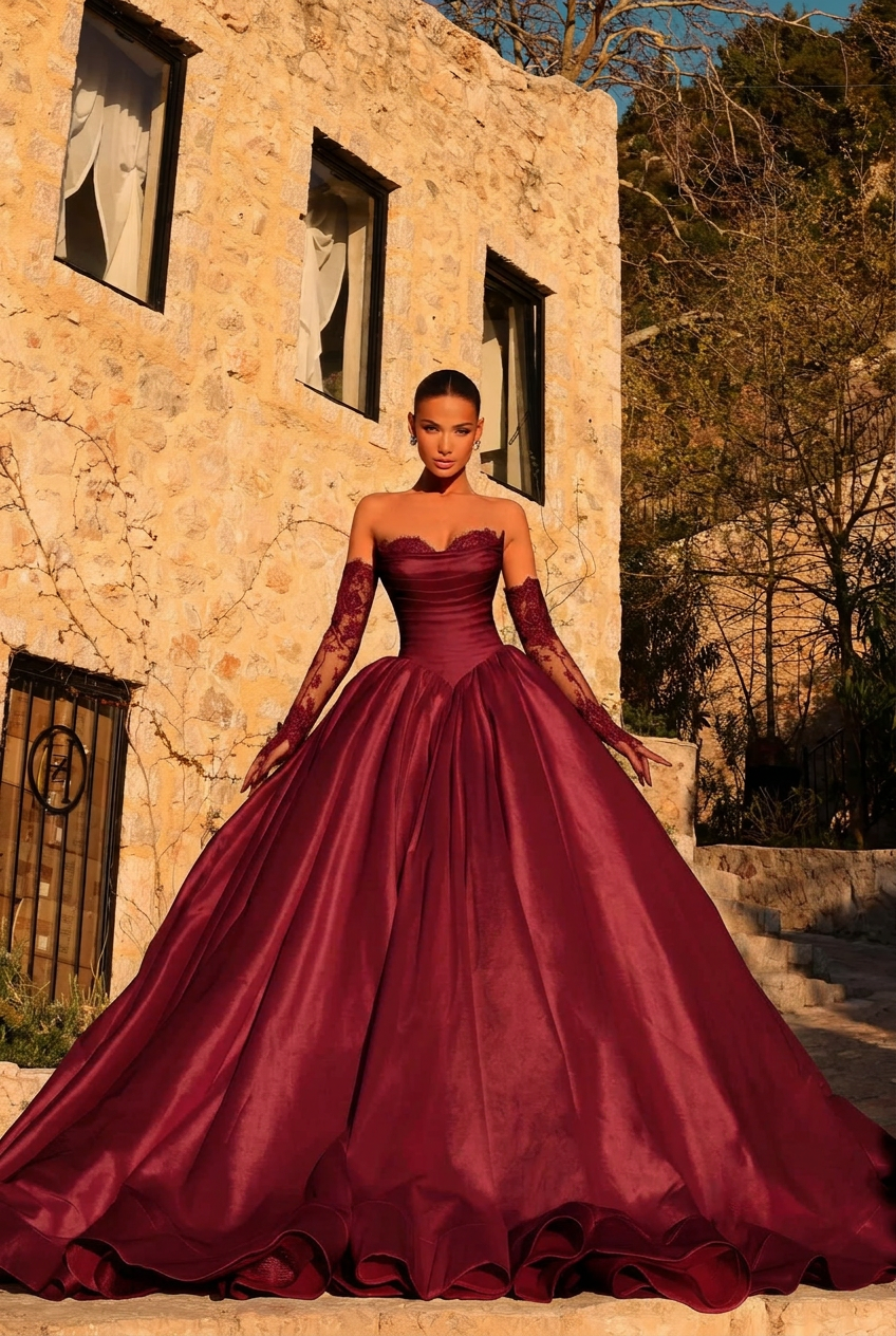 Burgundy sweetheart ruffled ball gown wedding dress