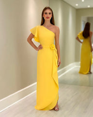 Chic Yellow Column One-Shoulder Ruffles Floor-Length Chiffon Bridesmaid Dresses With Slit