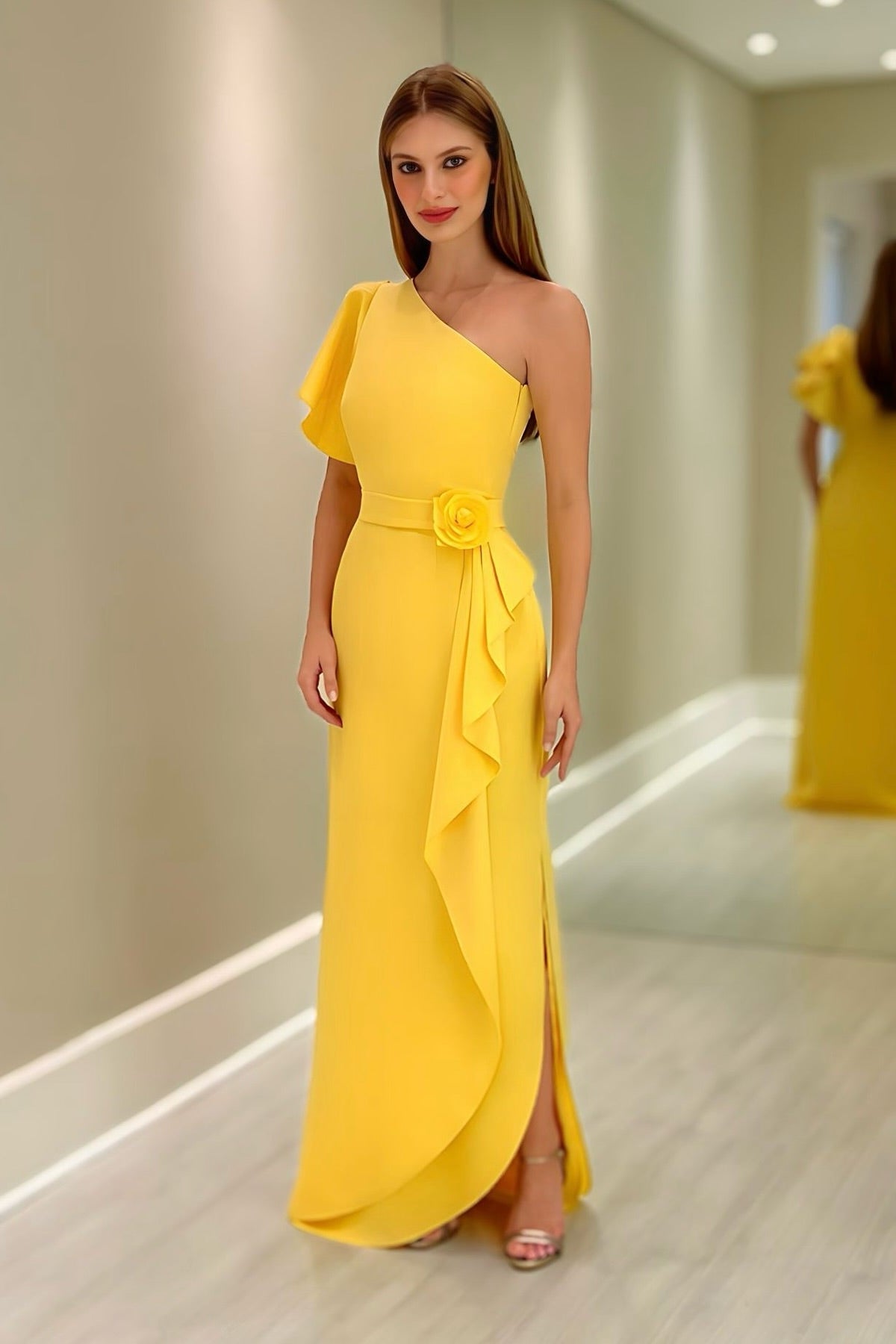 Chic Yellow Column One-Shoulder Ruffles Floor-Length Chiffon Bridesmaid Dresses With Slit