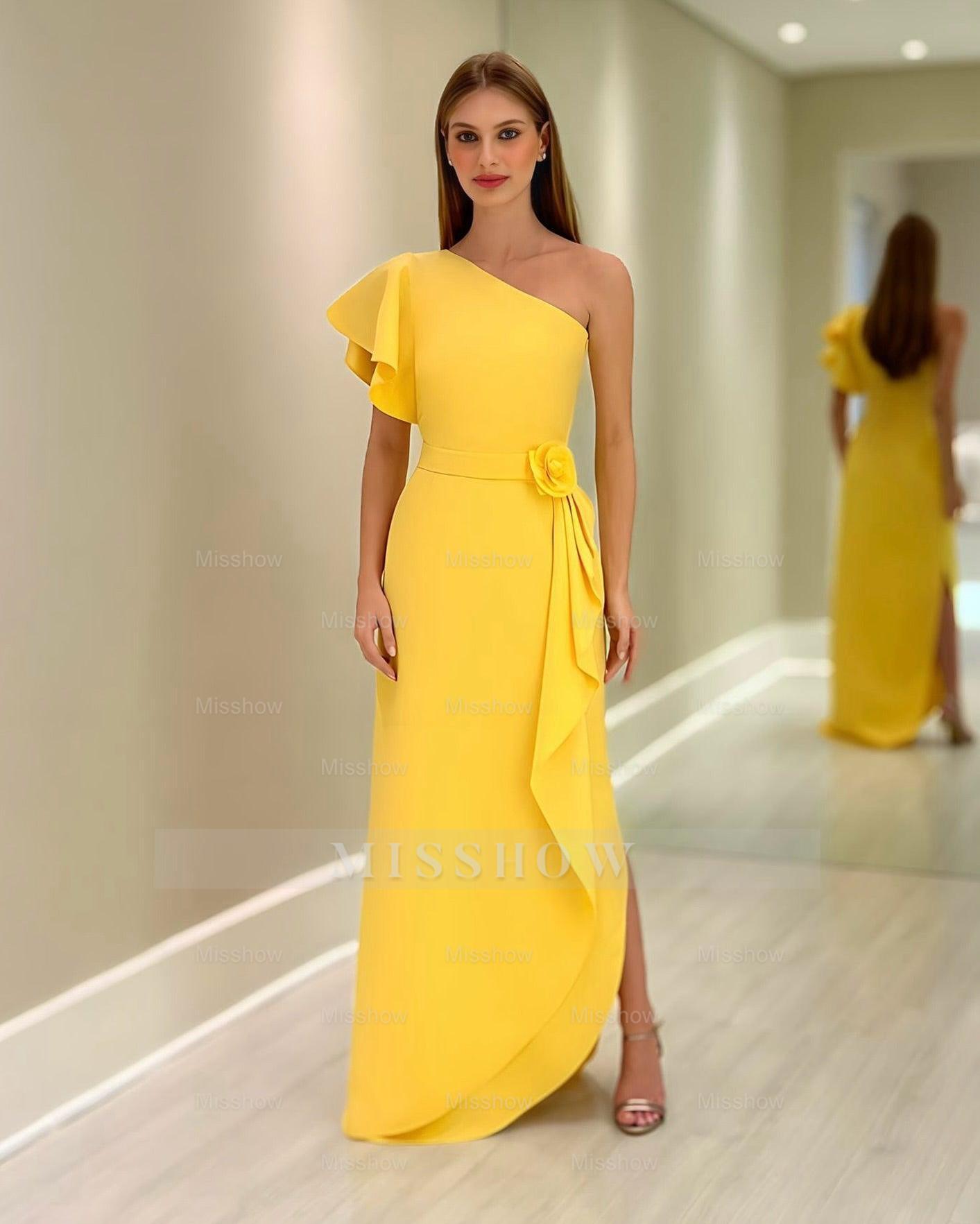 yellow dress for mother of the bride Chic Yellow Column One-Shoulder Ruffles Floor-Length Chiffon Mother of the Bride Dress With Slit