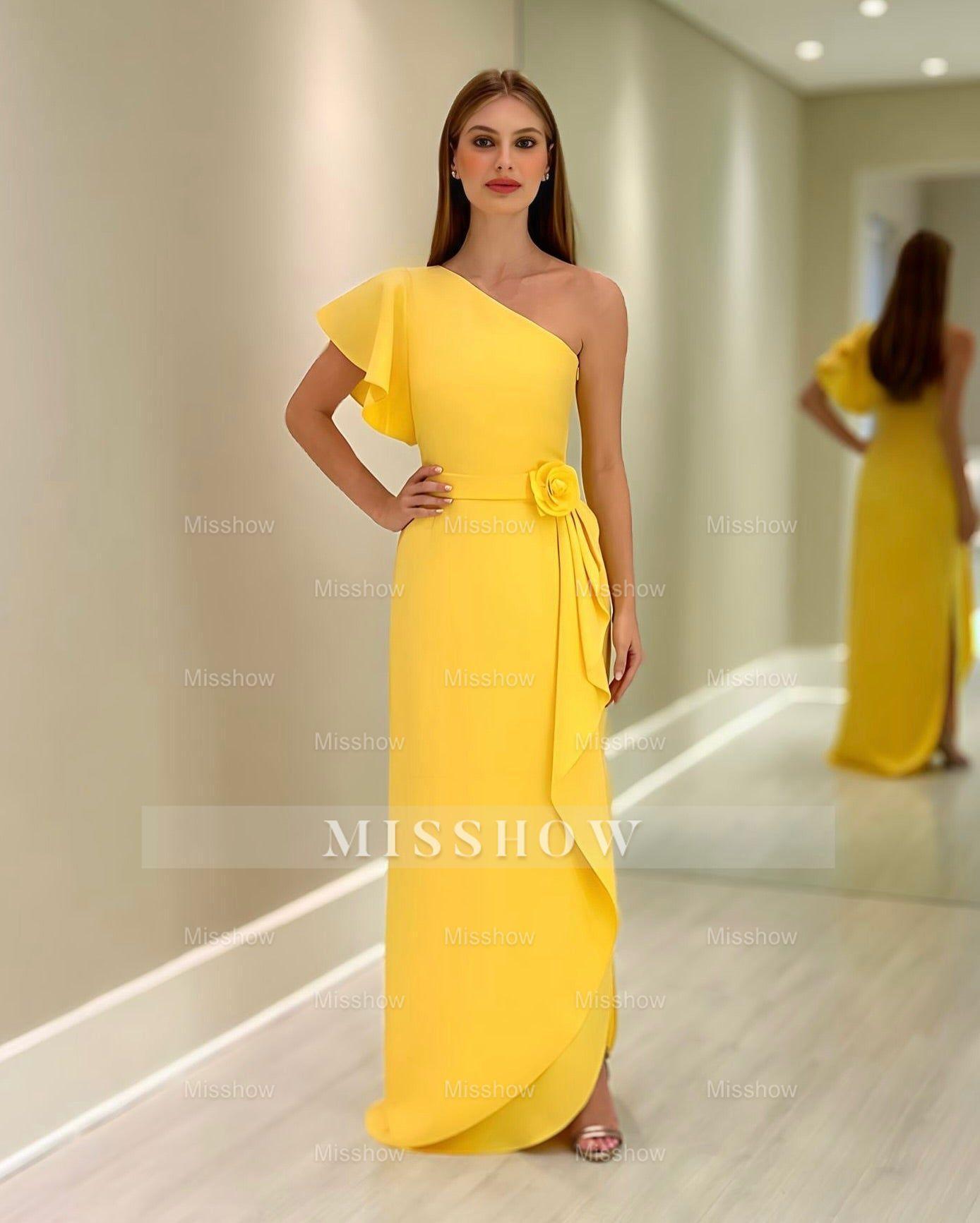 one shoulder yellow chiffon dress One-Shoulder Chiffon A-Line Bridesmaid Dress With Slit in Pastel Yellow