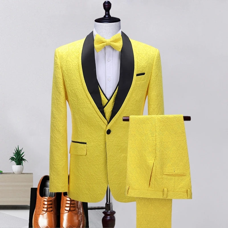 Chic Yellow Shawl Lapel Three-Piece Jacquard Prom Outfit