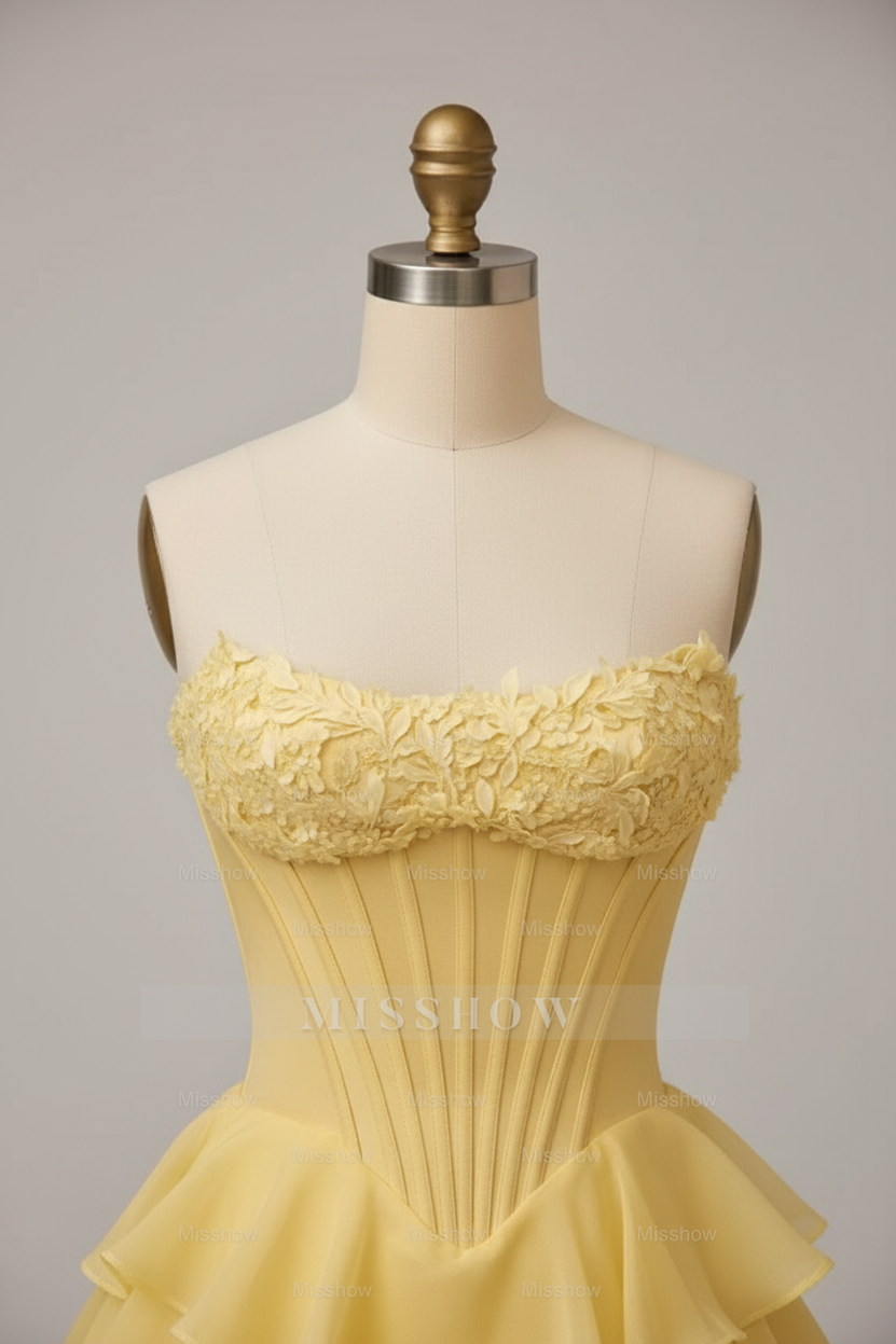 Chic Yellow Tiered Ruffle High-Low Ball Gown with Floral Corset