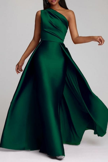 Chic A-Line One-shoulder Sleeveless Panel Train Satin Floor-Length Simple Evening Dresses