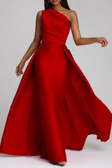 Chic A-Line One-shoulder Sleeveless Panel Train Satin Floor-Length Simple Evening Dresses