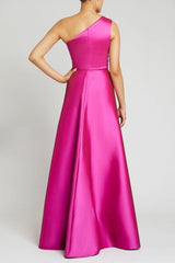 Chic A-Line One-shoulder Sleeveless Panel Train Satin Floor-Length Simple Evening Dresses