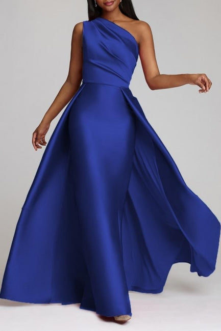 Chic A-Line One-shoulder Sleeveless Panel Train Satin Floor-Length Simple Evening Dresses