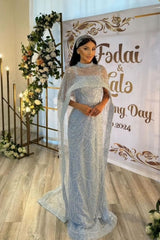 Chic Blue Mermaid Spaghetti Strap Sequined Sleeveless Tulle Evening Dresses With Cloak