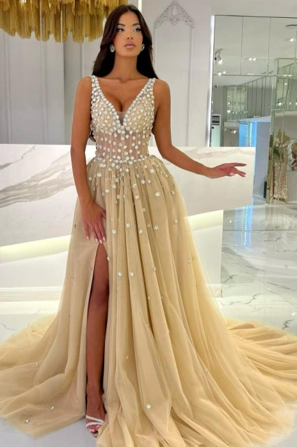 Chic Champagne A-Line Sleeveless V-Neck Beaded Sweep Train Long Tulle Prom Evening Dresses With Slit