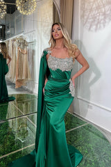 Chic Green Mermaid Strapless One-Shoulder Beaded Cap Sleeve Ruffle Long Satin Evening Dresses With Appliques