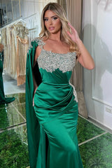 Chic Green Mermaid Strapless One-Shoulder Beaded Cap Sleeve Ruffle Long Satin Evening Dresses With Appliques