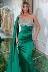 Chic Green Mermaid Strapless One-Shoulder Beaded Cap Sleeve Ruffle Long Satin Evening Dresses With Appliques
