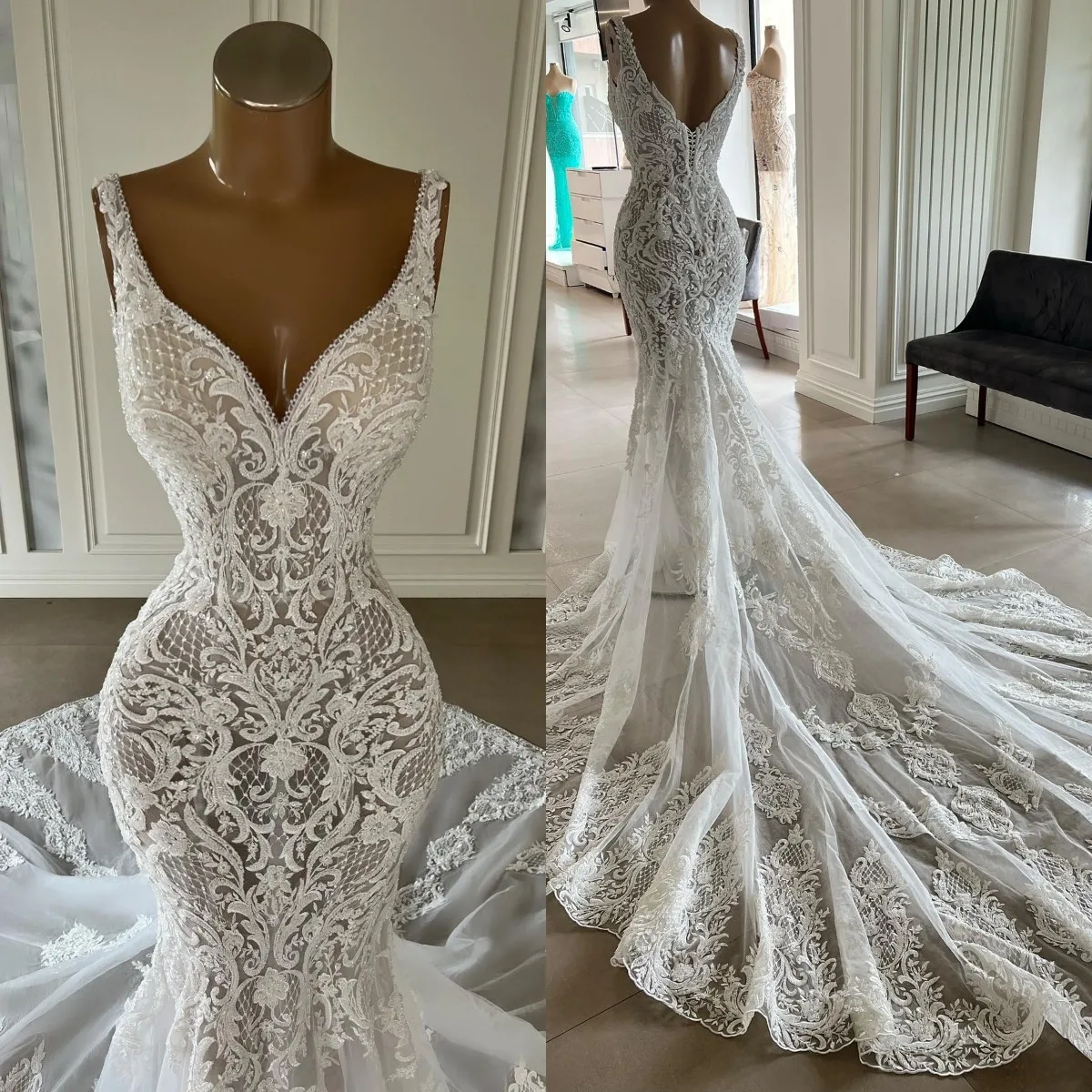 Chic Long Mermaid V-neck Sleeveless Wedding Dress With Lace