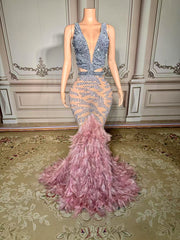 Chic Pink Mermaid V-Neck Sequined Beaded Sleeveless Floor-Length Evening Dresses With Feathers