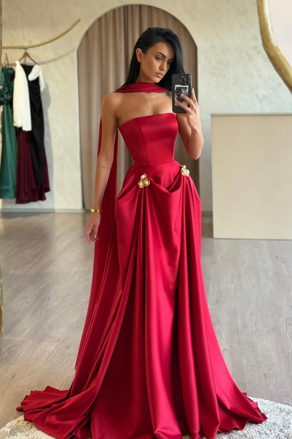 Chic Red Strapless A-Line Sleeveless Floor-Length Satin Simple Evening Dresses With Sash