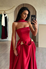 Chic Red Strapless A-Line Sleeveless Floor-Length Satin Simple Evening Dresses With Sash