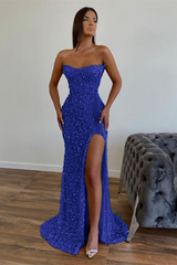 Chic Sequined Floor Length Strapless A-line Prom Dress with Front Slit