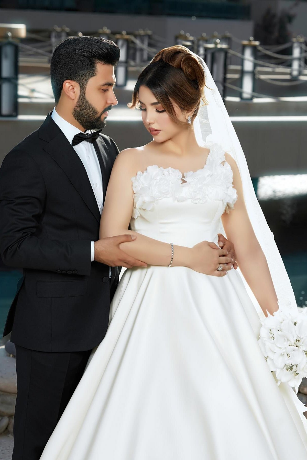 Chic White One-Shoulder Sleeveless Sweep Train Ball Gown Long Satin Wedding Dresses With 3D Flowers