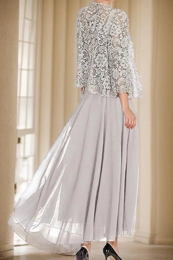 Chiffon 2-Piece Mother of the Bride Dress Square Neck Sleeveless Inner Dress Allover Paisley Vine Lace Open-Front Jacket 3/4 Sleeves Scallop Cuff Flowing A-Line Floor Length Skirt