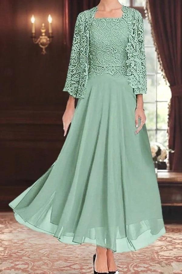Chiffon 2-Piece Mother of the Bride Dress Square Neck Sleeveless Inner Dress Allover Paisley Vine Lace Open-Front Jacket 3/4 Sleeves Scallop Cuff Flowing A-Line Floor Length Skirt