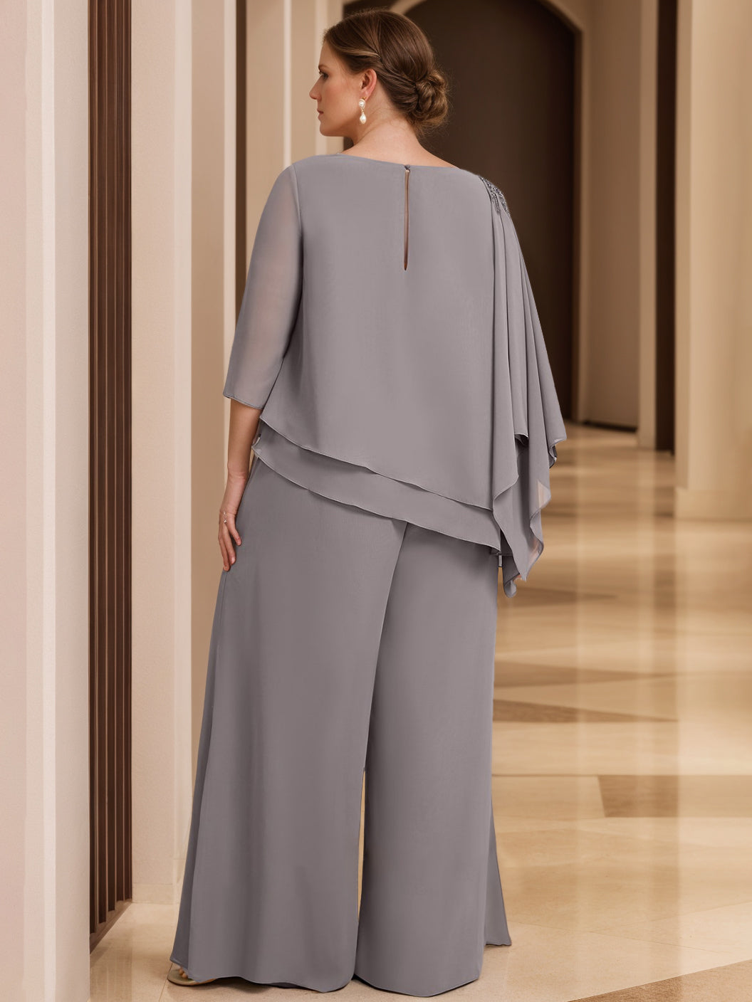 Chiffon 2 Pieces Scoop 3/4 Length Sleeves Floor-Length Plus Size Mother of the Bride Pantsuits with Beading