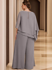 Chiffon 2 Pieces Scoop 3/4 Length Sleeves Floor-Length Plus Size Mother of the Bride Pantsuits with Beading