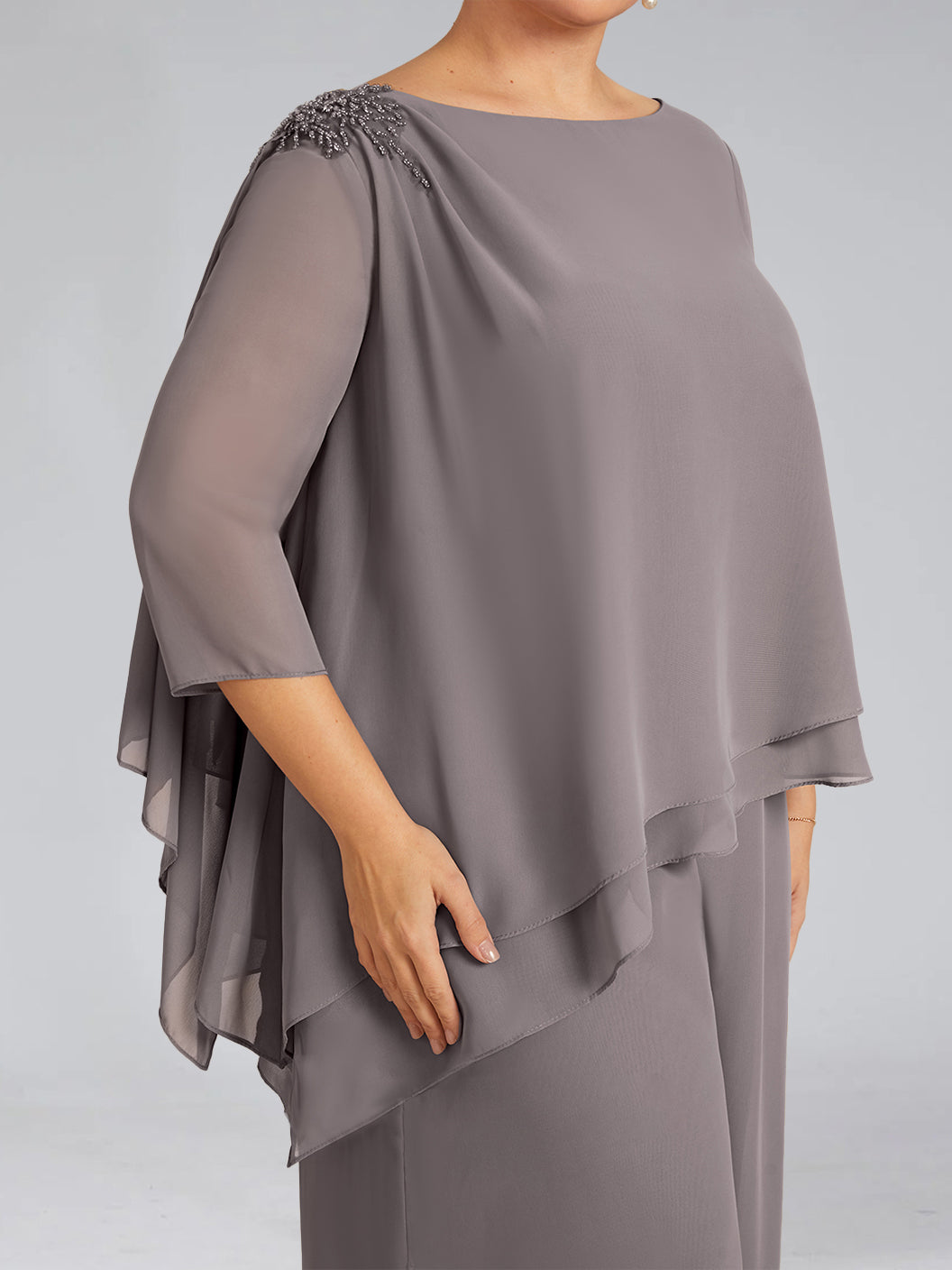 Chiffon 2 Pieces Scoop 3/4 Length Sleeves Floor-Length Plus Size Mother of the Bride Pantsuits with Beading