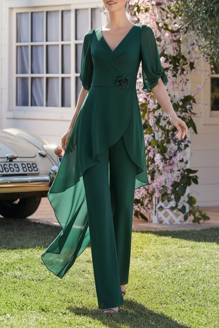 Chiffon 2 Pieces V-Neck Mother of the Bride Pantsuits