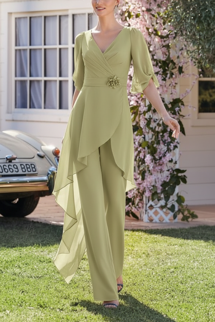 Chiffon 2 Pieces V-Neck Mother of the Bride Pantsuits