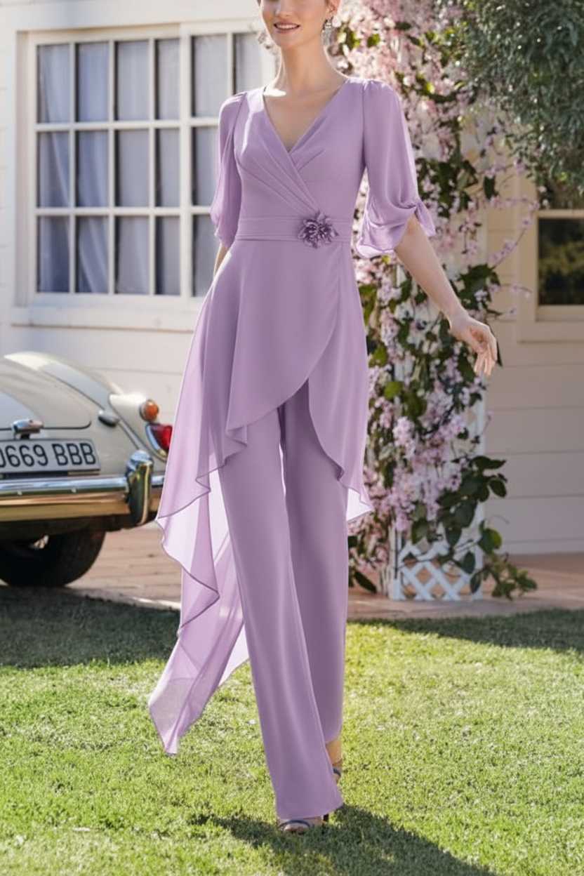 Chiffon 2 Pieces V-Neck Mother of the Bride Pantsuits
