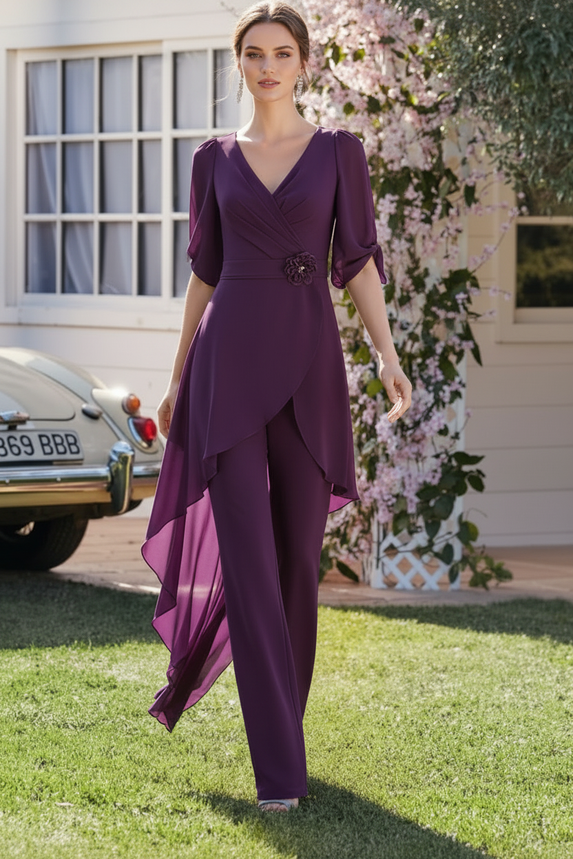 Chiffon 2 Pieces V-Neck Mother of the Bride Pantsuits
