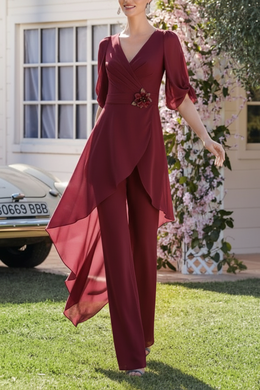 Chiffon 2 Pieces V-Neck Mother of the Bride Pantsuits
