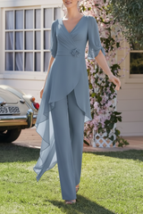 Chiffon 2 Pieces V-Neck Mother of the Bride Pantsuits