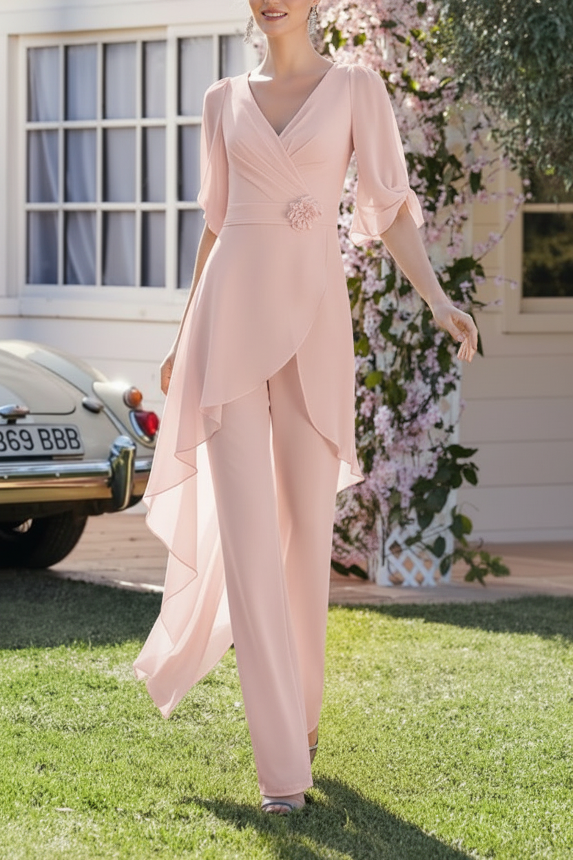 Chiffon 2 Pieces V-Neck Mother of the Bride Pantsuits