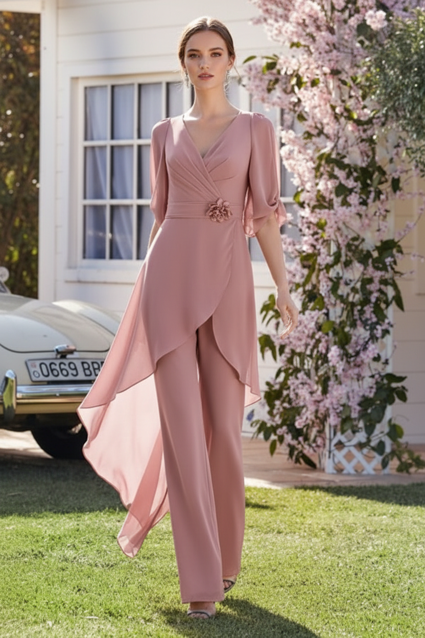 Chiffon 2 Pieces V-Neck Mother of the Bride Pantsuits