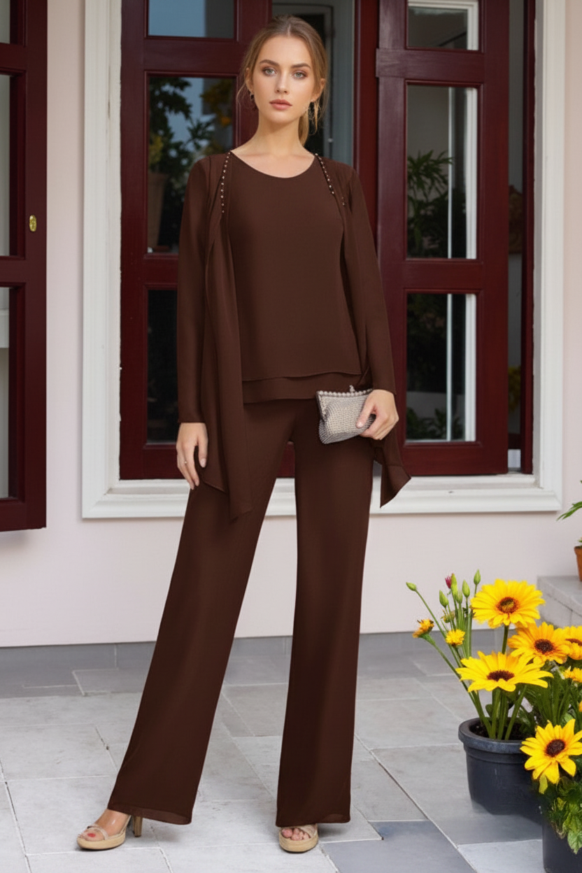 Chiffon 3 Pieces Floor-Length Mother of the Bride Pantsuits with Jacket & Beadings