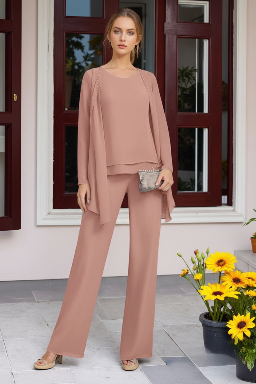 Chiffon 3 Pieces Floor-Length Mother of the Bride Pantsuits with Jacket & Beadings