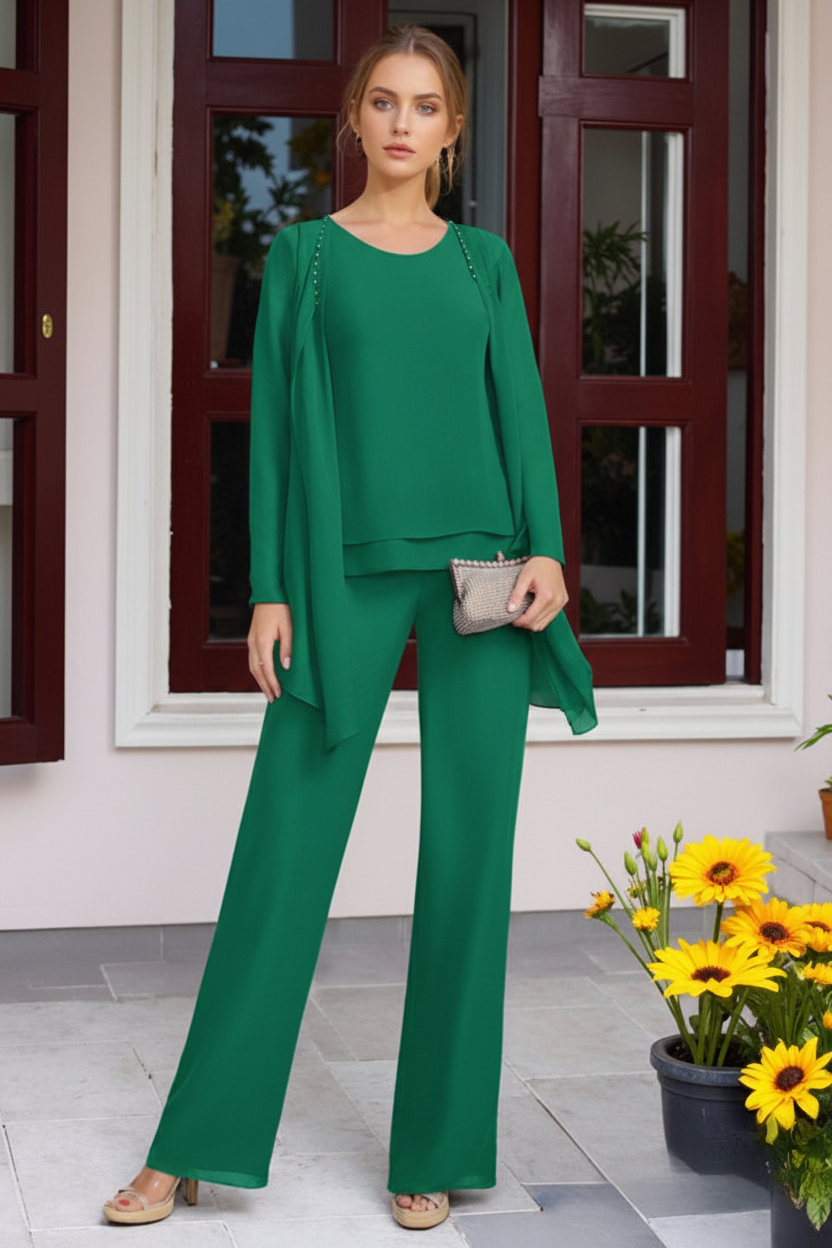 Chiffon 3 Pieces Floor-Length Mother of the Bride Pantsuits with Jacket & Beadings