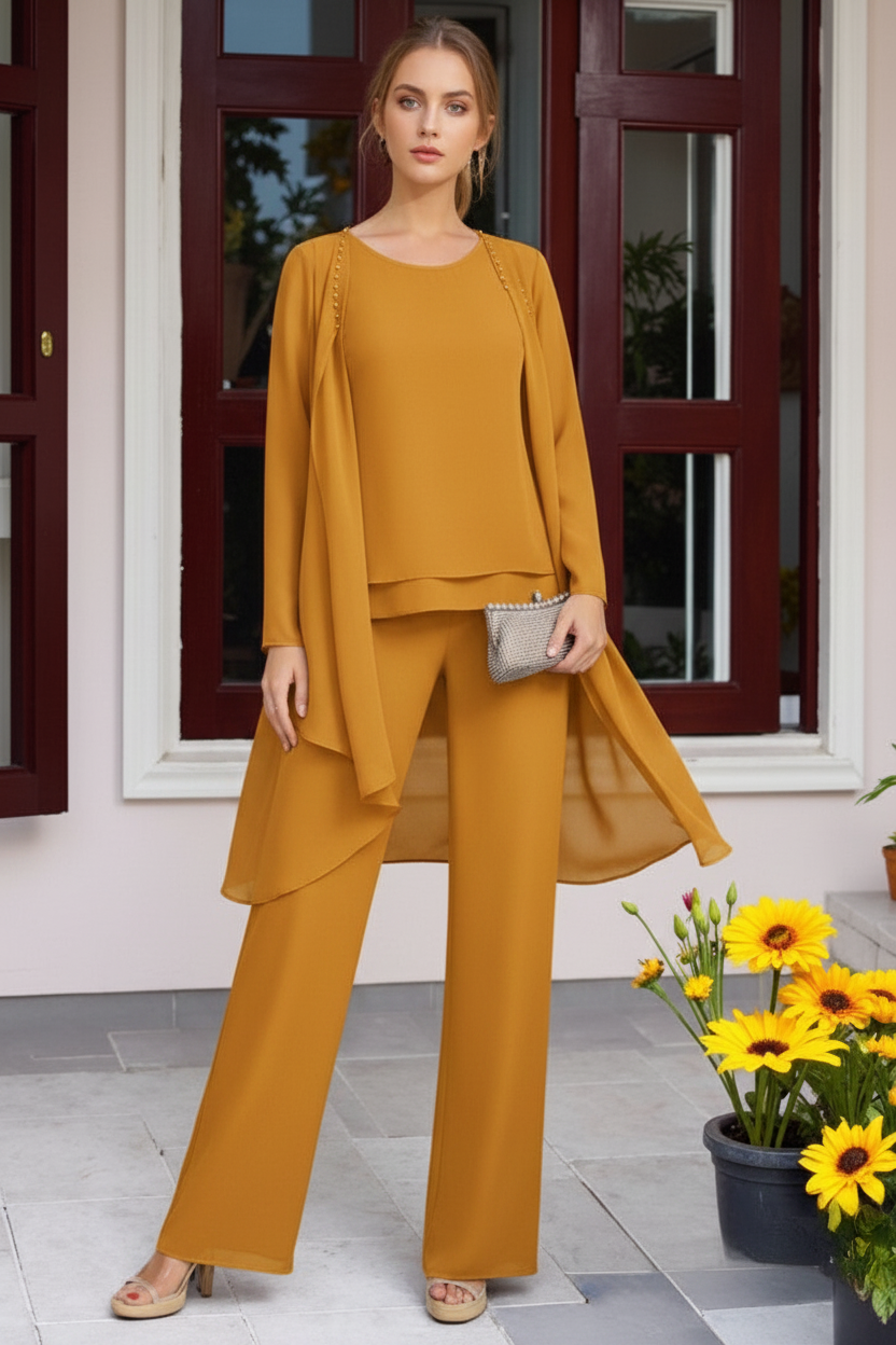 Chiffon 3 Pieces Floor-Length Mother of the Bride Pantsuits with Jacket & Beadings