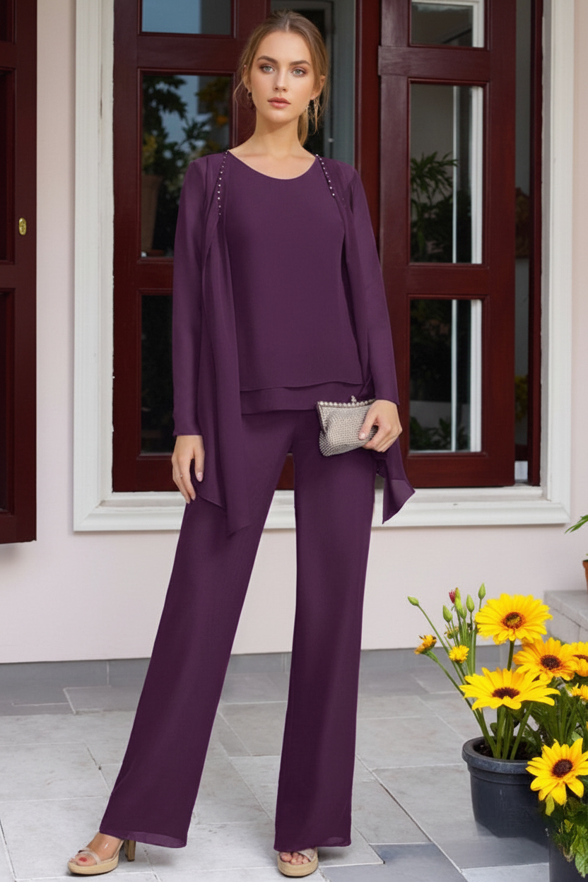 Chiffon 3 Pieces Floor-Length Mother of the Bride Pantsuits with Jacket & Beadings