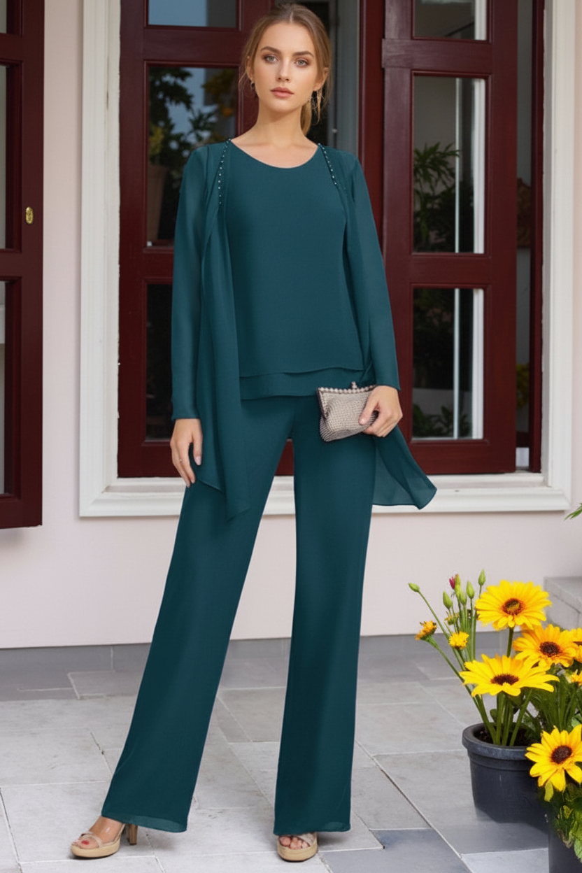 Chiffon 3 Pieces Floor-Length Mother of the Bride Pantsuits with Jacket & Beadings