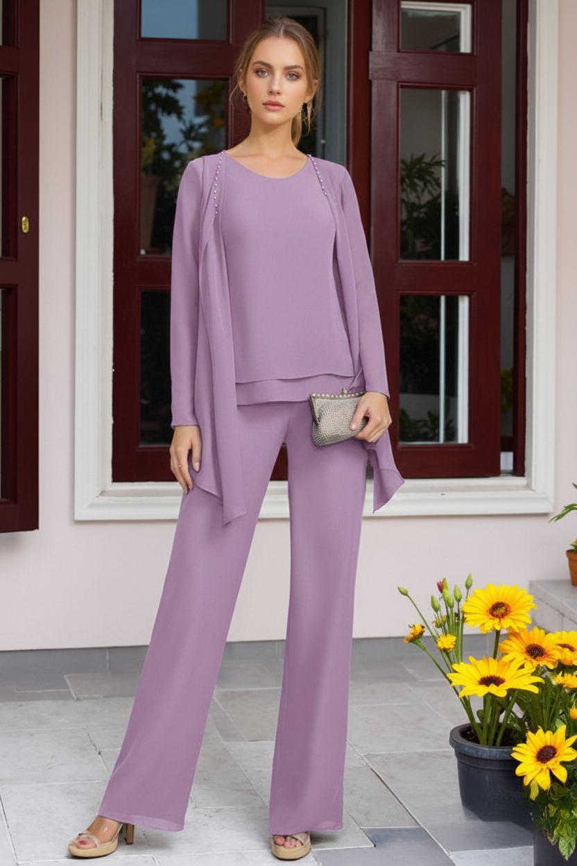 Chiffon 3 Pieces Floor-Length Mother of the Bride Pantsuits with Jacket & Beadings
