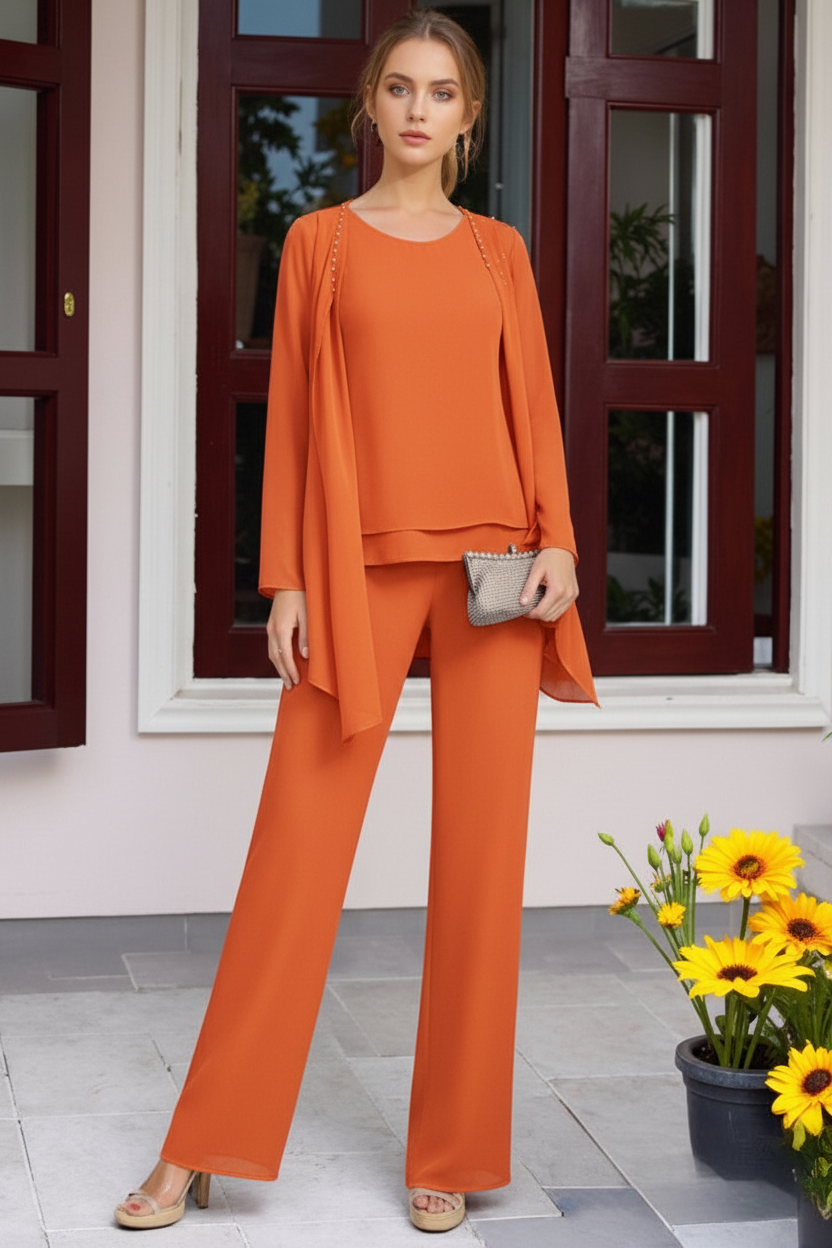 Chiffon 3 Pieces Floor-Length Mother of the Bride Pantsuits with Jacket & Beadings