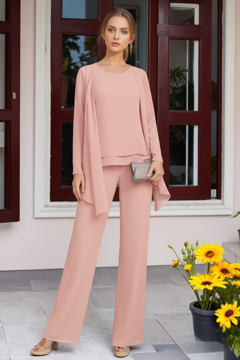 Chiffon 3 Pieces Floor-Length Mother of the Bride Pantsuits with Jacket & Beadings