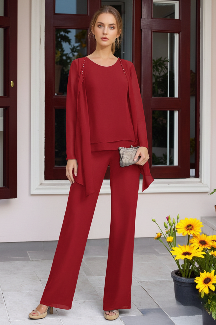 Chiffon 3 Pieces Floor-Length Mother of the Bride Pantsuits with Jacket & Beadings