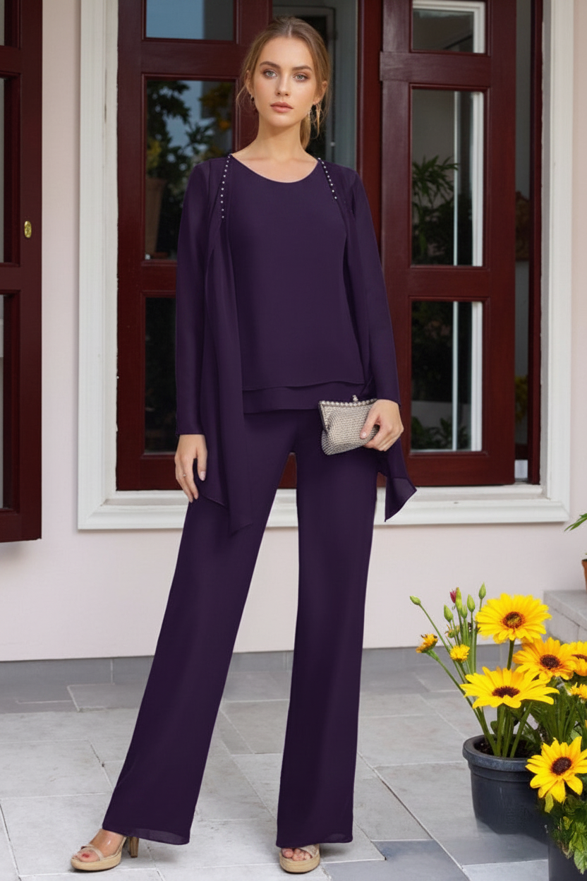 Chiffon 3 Pieces Floor-Length Mother of the Bride Pantsuits with Jacket & Beadings