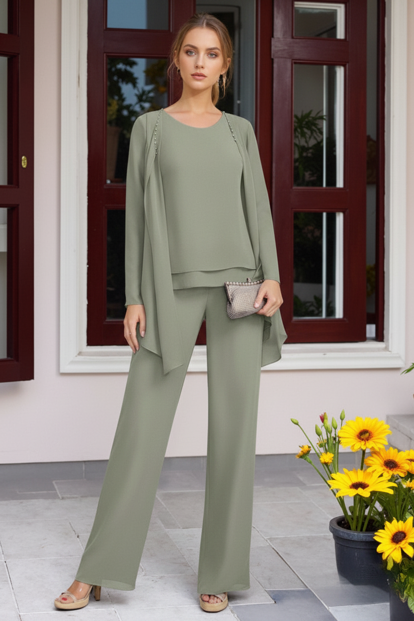 Chiffon 3 Pieces Floor-Length Mother of the Bride Pantsuits with Jacket & Beadings