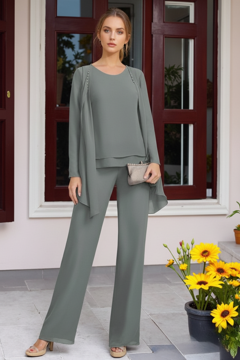 Chiffon 3 Pieces Floor-Length Mother of the Bride Pantsuits with Jacket & Beadings